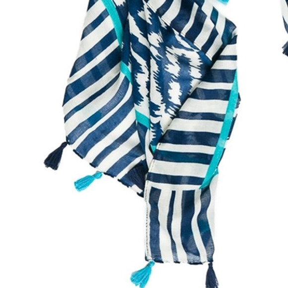 Alma Tassel Rectangle Scarf Navy White Turquoise - Picture 2 of 3